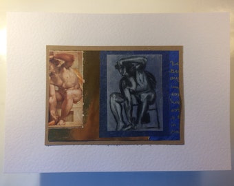 Conte Crayon black and white sketch on tracing paper collage Sistine Chapel Study Michelangelo. CroppedCreation Sketchbook Page. Mounted.