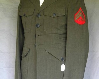 On Sale Marine Corporal Military Jacket 1980's Olive Drab Polyester Wool Tropical
