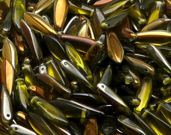 30pcs Czech Pressed Glass Dagger Beads 5x16mm Olivine Valentinit