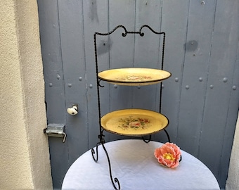 French vintage / antique tole ware cake stand with two pretty, hand painted trays, circa early 1900s..