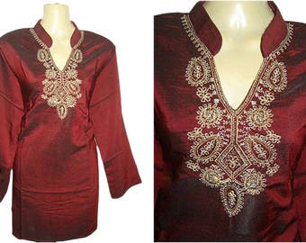 Ladies Silk Cotton Tunic Mandarin Collar Neck Flower Embroidered Top