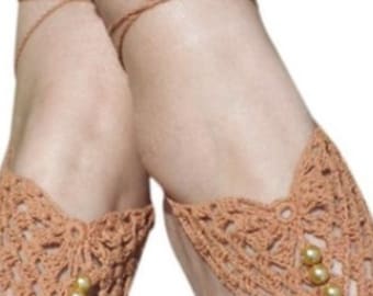 Light Brown Beaded Crochet Barefoot Sandals ON SALE