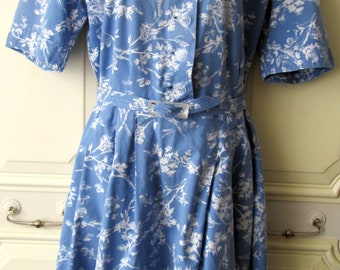 1940s Blue and White Print Cotton Day Dress