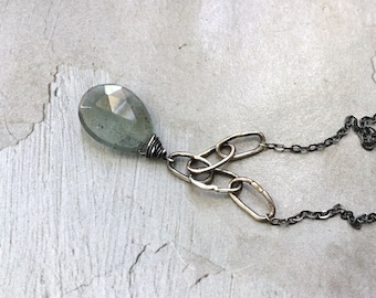 Moss Aquamarine Necklace - March Necklace - Aquamarine Pendant - Teardrop Necklace - Oxidized Sterling Silver Link Necklace