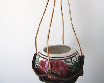 Vintage leather Hanging with Ceramic Planter – Hanging planter – hanging pot – ceramic small pot - home decor