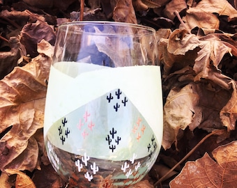 Unique, hand painted, stemless wine glass, mini, painted saguaro, cactus wine glass