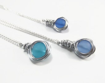 Sea Glass Necklace - Sea Glass Jewelry - Wire Wrapped Sea Glass Necklace - Sterling Silver Chain Necklace - Frosted Blue Beach Glass Pendant