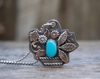 Kingman Turquoise Sterling Silver Necklace . Flower Basket . Hand Forged . Sterling Necklace.Rustic. Necklace. Mixed Metals