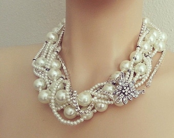 Bridal Statement Necklace, Wedding Bridal Jewelry, Chunky Pearl Rhinestone Necklace, Bridal Pearl Necklace, Bridal Jewelry