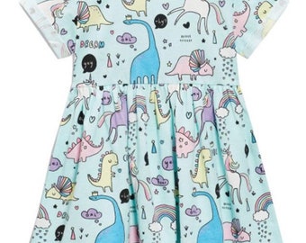 Autumn and Spring Arrival Unicorn Cartoon and Dots Pattern Long Sleeves Dress for Stylish Girls main image 0