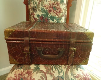Vintage Reptile Skin Brass Corners Suitcase Velveteen Lined 1940s Snakeskin Case