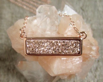 Druzy Necklace, Rose Gold Druzy Necklace, Druzy Bar Necklace, Titanium Druzy Quartz Necklace, Druzy Jewelry