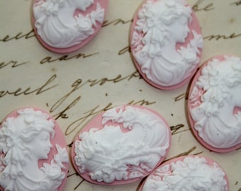 6 unset lady cameos - white on pink - 25x18mm