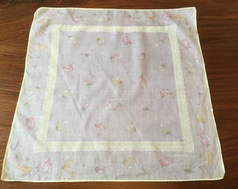 Vintage Women's Handkerchief White with Pale Yellow and Pink Flowers