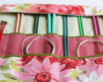 Knitting Needle Organizer, Knitting Needle Case, Knitting Accessory, Vintage Pink and Red Floral by Knotted Nest