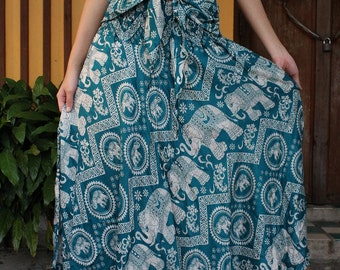 Boho Skirt Maxi Skirt Long Skirt Bohemian Skirt Bow Tie Floor Length Elephant Green