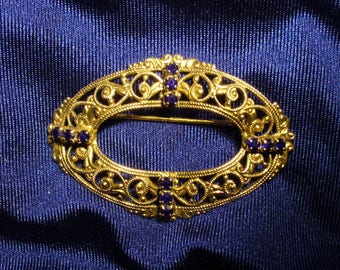 Vintage Filigree Gold & Rhinestone Brooch