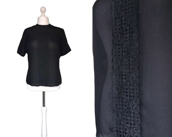 1950's Blouse | 50's Vintage Blouse | Black Blouse | Zip Back | Large | Semi Sheer Lace Blouse