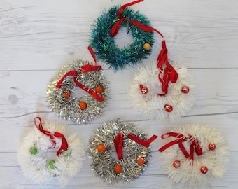 Vintage Lot of 6 Wire and Tinsel Wreaths, Vintage Holiday Decoration, Vintage Wreath Ornament, Vintage Small Wreath