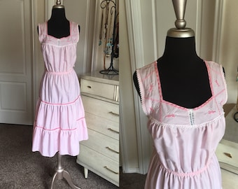 Vintage 1970's 80's Pink Cotton Sundress with Tiered Skirt M/L