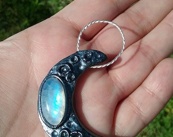 Rainbow Moonstone Moon necklace, crescent moon necklace, polymer clay moon talisman