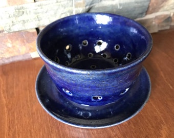 Wheel thrown cobalt and indigo berry bowl; pottery berry bowl; pottery colander; blue ceramic berry bowl; blue pottery strainer