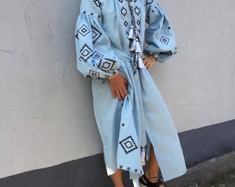 Ukrainian vyshyvanka midi embroidered dress - 100% light blue linen with geometric ancient embroidery - boho chic ethnic vita bohemian style