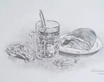 Original Pencil Drawing. Still Life. Sweet bun and tea. Kitchen art decor.