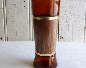 Mid-Century Siesta Ware Tiki Glass - Amber Glass Wrapped in Wood, Goldtone Trim - 1960s Highball Glass Tumbler - Vintage Barware