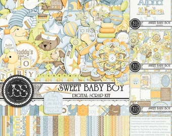 On Sale 50% Sweet Baby Boy Digital Scrapbook Kit Collection or Bundle for Digital Scrapbooking and Paper Crafting