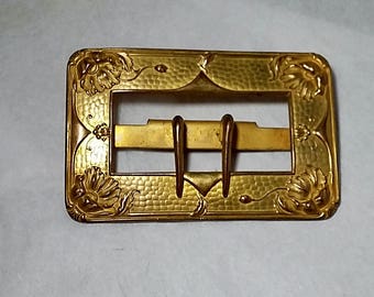 Antique Victorian Art Nouveau Brass Belt Buckle, Floral Signed Colonial