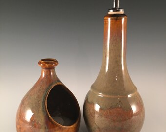 salt cellar with spoon, salt pig, pottery salt pot, rich mottled brown glaze, with bamboo spoon