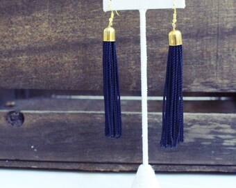 Gold Capped Navy Blue Tassel Earrings