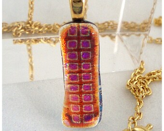 Dichroic Glass Pendant Necklace on a Gold Plated Chain - Shimmering Iridescent Colours Pink to Orange and Clear - Gift Boxed