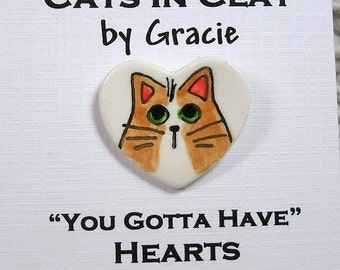 Orange & White Cat On Heart Shaped Clay Pin Brooch Handmade Kiln Fired