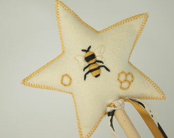 Cream Embroidered Honey Bee Felt Fairy Wand, Handmade