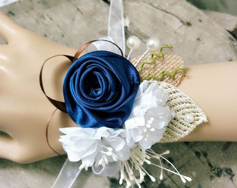 Wrist Corsage,Navy Blue Wrist Corsage,Rustic Bridal Wrist Corsage,Rose Wrist Corsage,Prom Corsage.