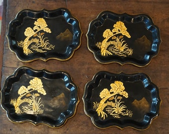 Vintage Set of 4 Tole Japanese/Chinese Snack Trays/ Chinoiserie Trays/ Black and Gold