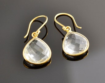 Crystal Quartz Earrings - Birthstone Jewelry - April Birthstone - Drop Earrings - Bridesmaid Gift - Wedding Jewelry - Gold Earrings