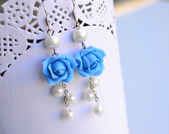 Blue roses earrings. Long earrings. Flower earrings. Polymer clay flower earrings jewelry.