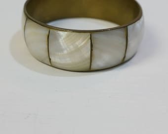 Vintage large brass and mother of pearl bracelet