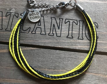 Black & Yellow Waxed Cotton Friendship String Bracelet. Stainless Steel Extension Chain.