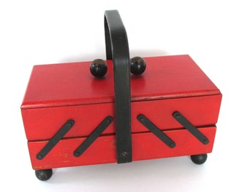 Vintage Sewing Box Red Black Folding Wood Accordion Sewing Kit with Handle Birthday Gift Wife Foldout Sewing Germany 1950s 1960s Midcentury
