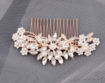 Bridal Hair Accessories Rose Gold Bridal Hair Comb Wedding Hair Comb Pearl Hair Piece Rose Gold Bridal Headpiece Rhinestone Crystal Clip