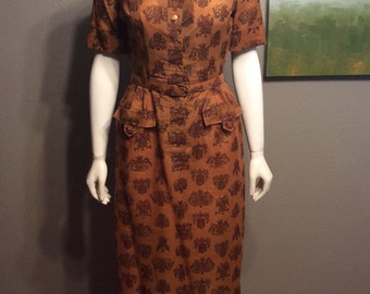 1940s Cute Print Dress / Vintage 1950s Dress / Cotton Shirt Dress / Retro Style 50s Dress / Day Dress