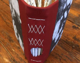 Black white and red journal, handmade paper, red leather book, sketch book, travel journal, guest book, recycled guestbook, red journal