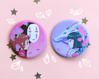 Chihiro and Haku Badges 56mm, No Face, Dragon, Studio Ghibli, Spirited Away, Badge, Miyazaki, Pastel, Cute, Anime, Kawaii, Button Badge