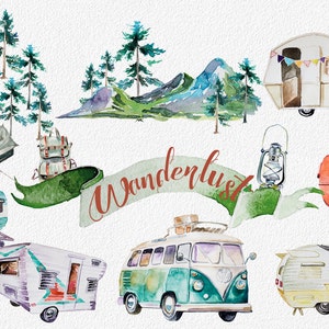 Watercolor Wanderlust Clipart Set,Retro Vehicles,Retro Camping,Traveling Clipart,Mountains,Backpack,Digital Scrapbooking,Vintage Trailer