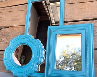Blue Turquoise Mirror Set of 3 - Upcycled Vintage mirrors..Mirror Gallery Wall or Bedroom Grey Lime Chartruese White Modern Bright Retro