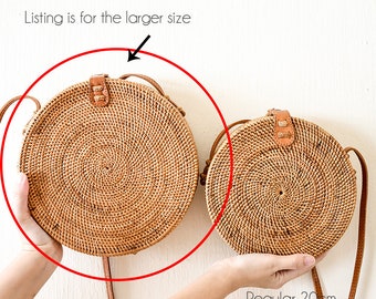 EXTRA LARGE Round Rattan Bag Leather Crossbody Sling Personalized Floral Pompom Customised Personalised Travel Luxury Ata Brown Ribbon